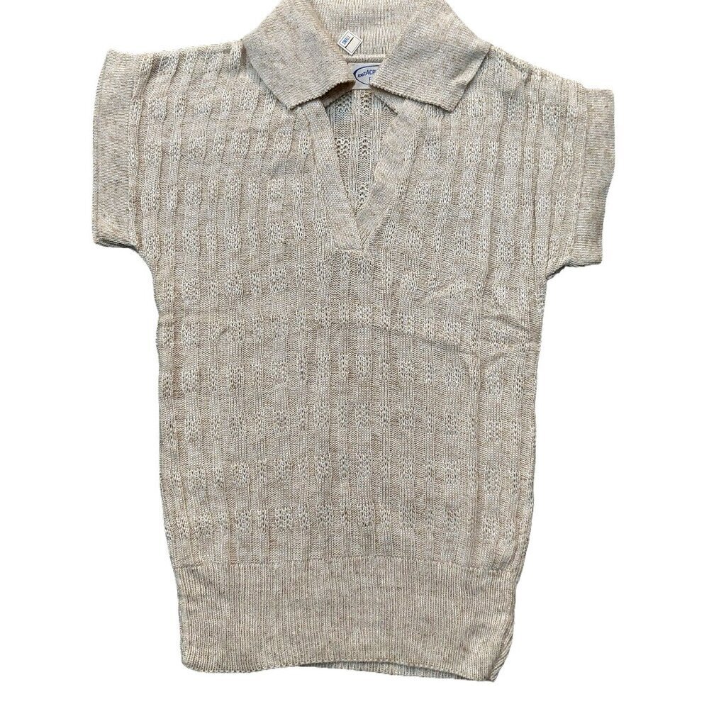 Vintage 1940s-1950s Oatmeal Beige Collared V-Neck Cap Sleeve Ribbed Sweater Top